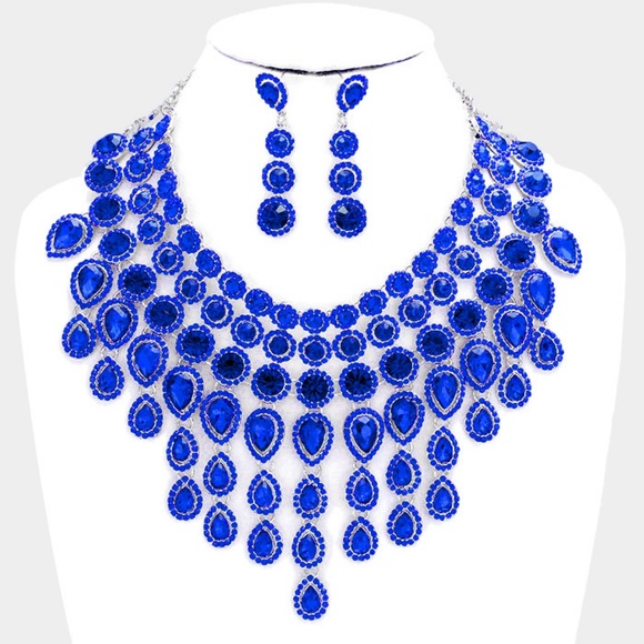 Elegant Sapphire Blue Crystal Choker Necklace Set Waterfall Statement Jewelry - Picture 1 of 2